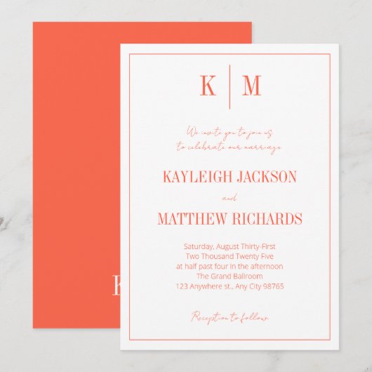 Invitation Retro Orange Red Monogram Elegant Wedding  (Devant / Derrière)