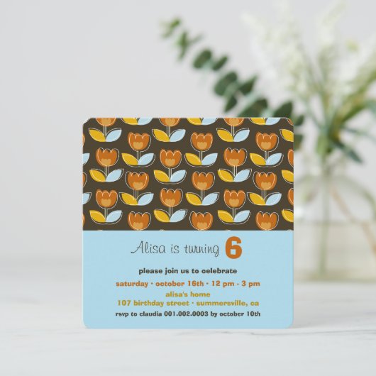 Invitation Retro Orange Tulips Fun Photo Fille Anniversaire F (Debout devant)