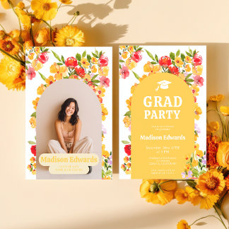 Invitation Retro Orange Yellow Wildflower Photo Graduation