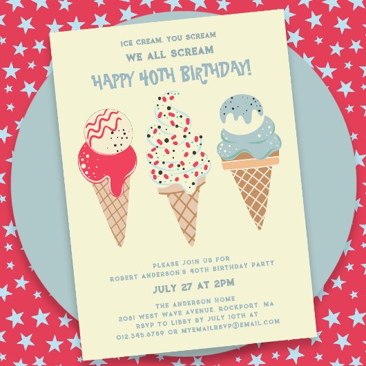 Invitation Retro Patriotic Ice Cream Cone 40e anniversaire
