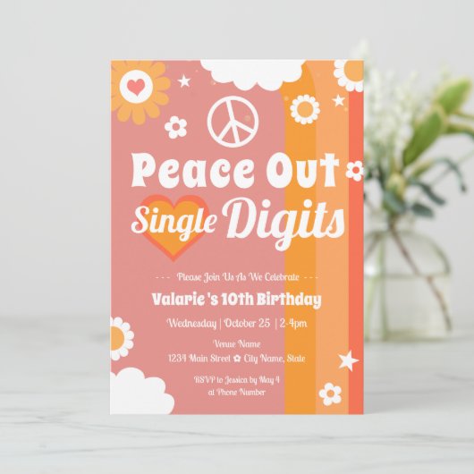 Invitation Retro Peace Out 10e anniversaire (Debout devant)