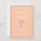 Invitation Retro Peach Blue Hand Drawn Funky Quirky Wedding (Devant)