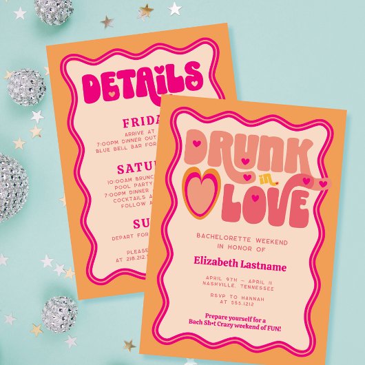 Invitation Retro Peach Drunk in Love Bachelorette Week-end