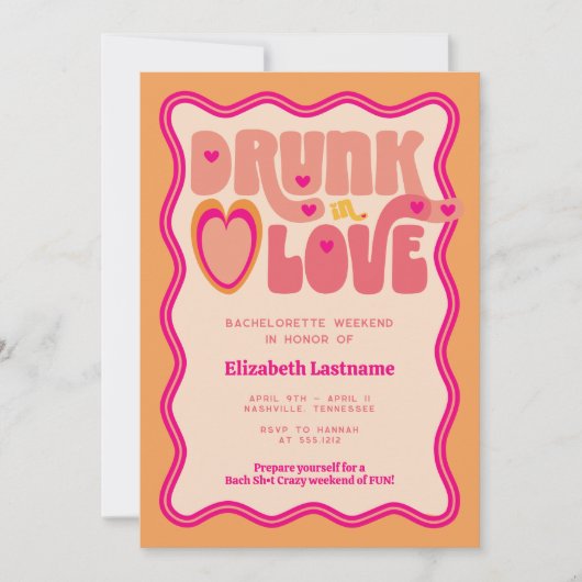 Invitation Retro Peach Drunk in Love Bachelorette Week-end (Devant)