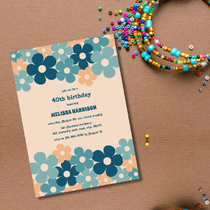 Invitation Retro Peach Green Boho Flower 40th Birthday