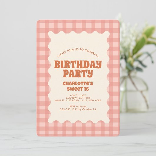 Invitation Retro Peachy Checker Sweet 16 fête d'anniversaire