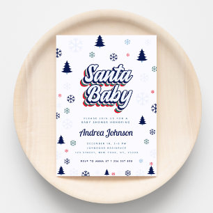 Invitation Retro Père Noël Baby Blue Snowflakes Baby shower g