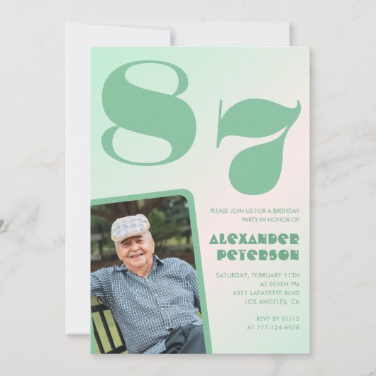 Invitation Retro Photo Green Gradient Man 87e anniversaire (Devant)