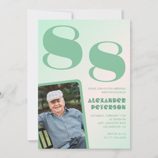 Invitation Retro Photo Green Gradient Man 88e anniversaire (Devant)