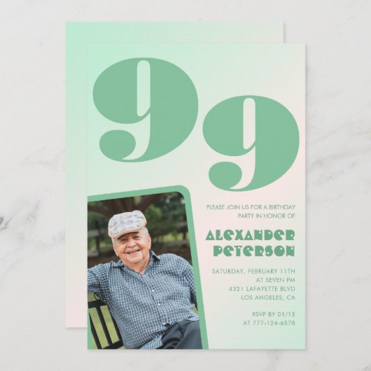 Invitation Retro Photo Green Gradient Man 99e anniversaire (Devant / Derrière)
