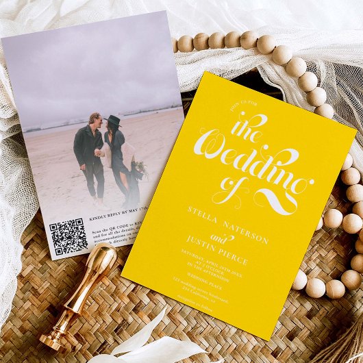 Invitation Retro photo jaune script mariage Qr code