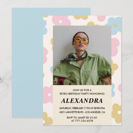 Invitation Retro Photo motif floral 38e anniversaire (Devant / Derrière)