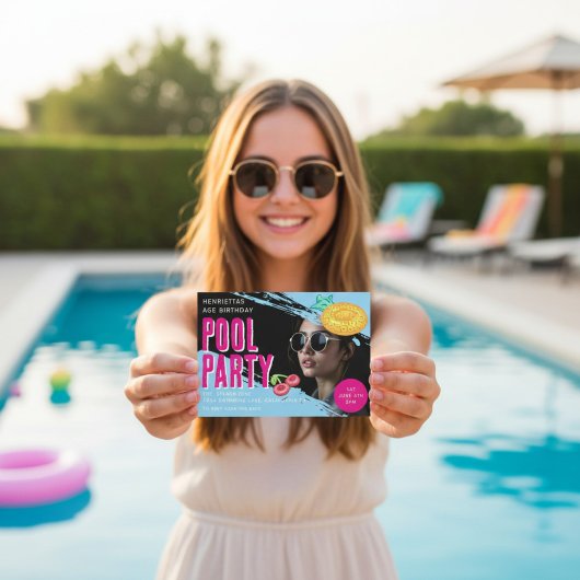 Invitation Retro photo Pool Party Birthday QR Code RSVP