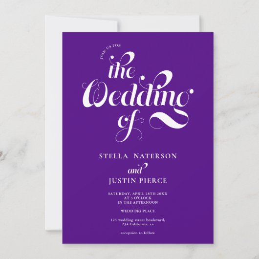 Invitation Retro photo violet script mariage Qr code (Devant)