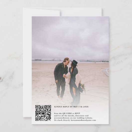 Invitation Retro photo violet script mariage Qr code (Dos)