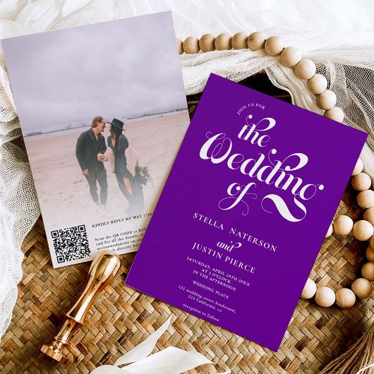 Invitation Retro photo violet script mariage Qr code