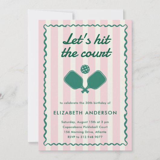 Invitation Retro Pickleball rose Élégante fête d'anniversaire (Devant)