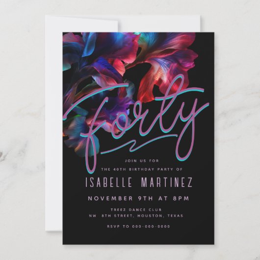 Invitation Retro Pink Blue Neon Floral 40e anniversaire (Devant)