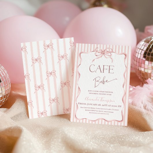 Invitation Retro Pink Bow Cafe Bebe Girl Coffee Baby Shower