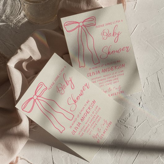 Invitation Retro Pink Bow Main dessinée Écrit Bébé Fille Douc