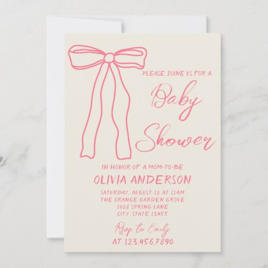 Invitation Retro Pink Bow Main dessinée Écrit Bébé Fille Douc (Devant)