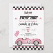 Invitation Retro Pink Fast One Race Car Girl 1er anniversaire (Devant)