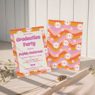 Invitation Retro Pink Groovy Daisy Floral Graduation Party