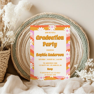 Invitation Retro Pink Groovy Daisy Floral Graduation Party