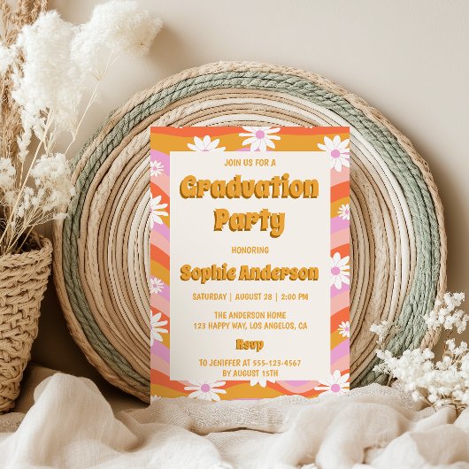 Invitation Retro Pink Groovy Daisy Floral Graduation Party 