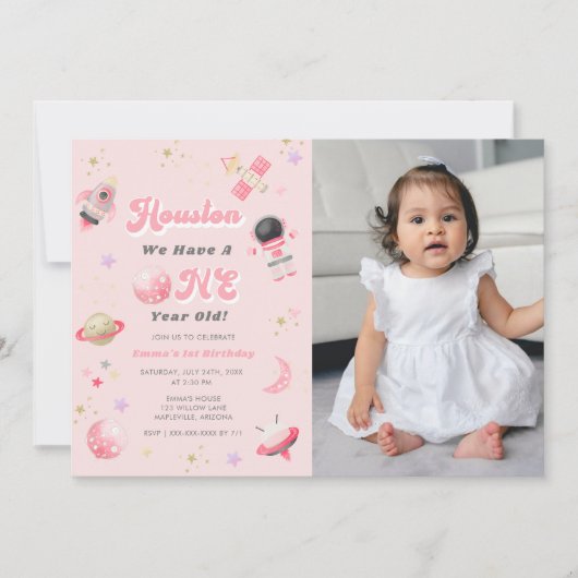 Invitation Retro Pink Houston Nous avons un an Anniversaire (Devant)