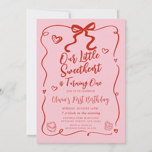 Invitation Retro Pink Notre Petite Amoureuse Rouge 1er Annive (Devant)