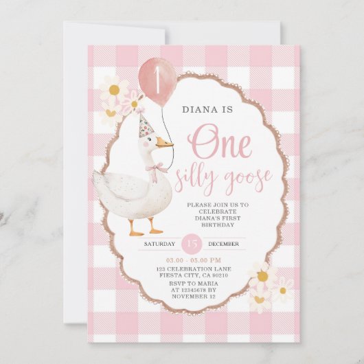 Invitation Retro Pink One Silly Goose 1er anniversaire (Devant)