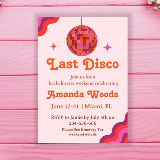 Invitation Retro Pink Orange Dernière discothèque Bachelorett