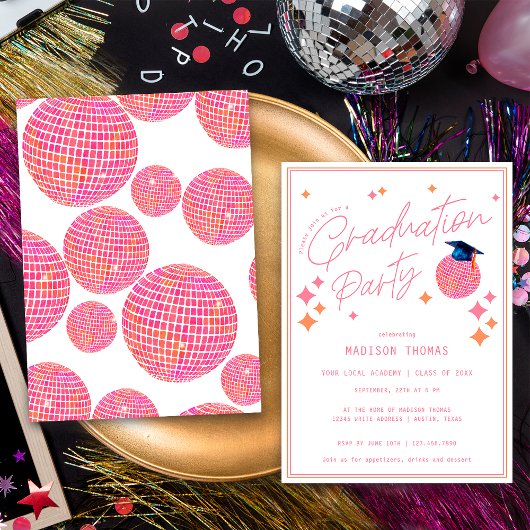 Invitation Retro Pink Orange Disco Ball fête de graduation