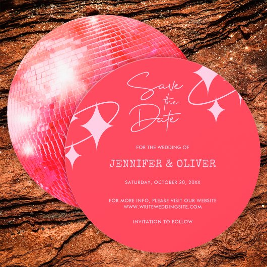 Invitation Retro Pink Orange Disco Ball Wedding Enregistrer l