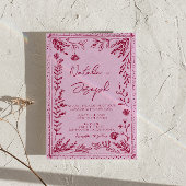 Invitation Retro Pink Raspberry Drawn Floral Garden Wedding