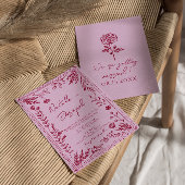 Invitation Retro Pink Raspberry Drawn Floral Garden Wedding