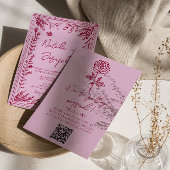 Invitation Retro Pink Raspberry QR Code Drawn Floral Wedding