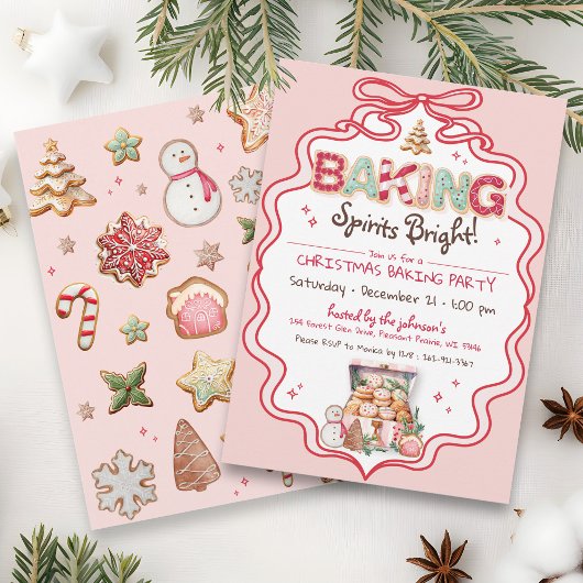 Invitation Retro Pink & Red Bow Noël Cookie Party