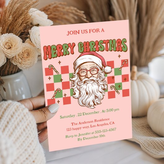 Invitation Retro Pink Santa Merry Christmas Party