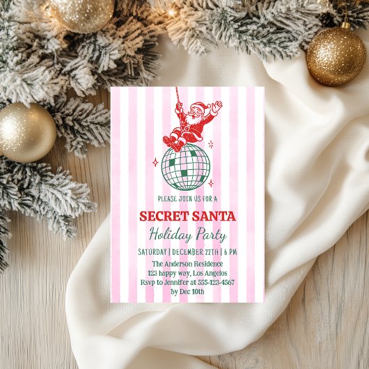 Invitation Retro Pink Secret Santa Disco Holiday Party       
