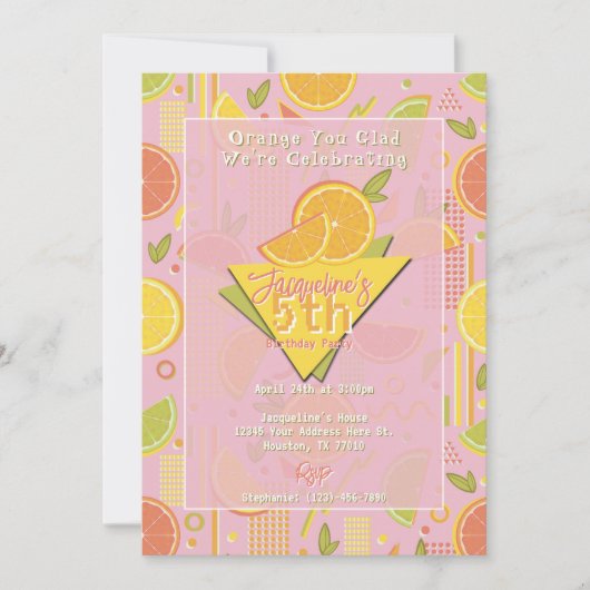 Invitation Retro Pink Summer Citrus Fruit Birthday (Devant)