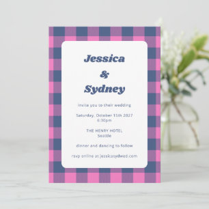 Invitation Retro Plaid À damiers violet et Mariage bleu marin