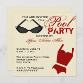 Invitation Retro Pool Party maillot de bain et lun (Devant / Derrière)