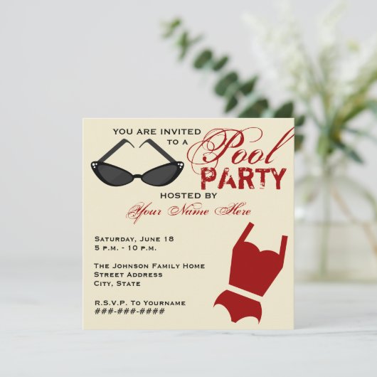 Invitation Retro Pool Party maillot de bain et lun (Debout devant)