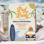 Invitation Retro Pool Party Surf Board Anniversaire