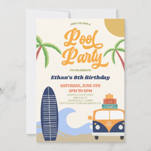 Invitation Retro Pool Party Surf Board Anniversaire (Devant)