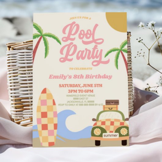 Invitation Retro Pool Surf Board Rose Anniversaire