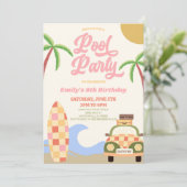 Invitation Retro Pool Surf Board Rose Anniversaire (Debout devant)