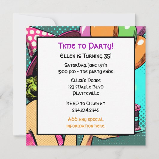 Invitation Retro Pop Art Femme tenant une fête d'anniversaire (Dos)